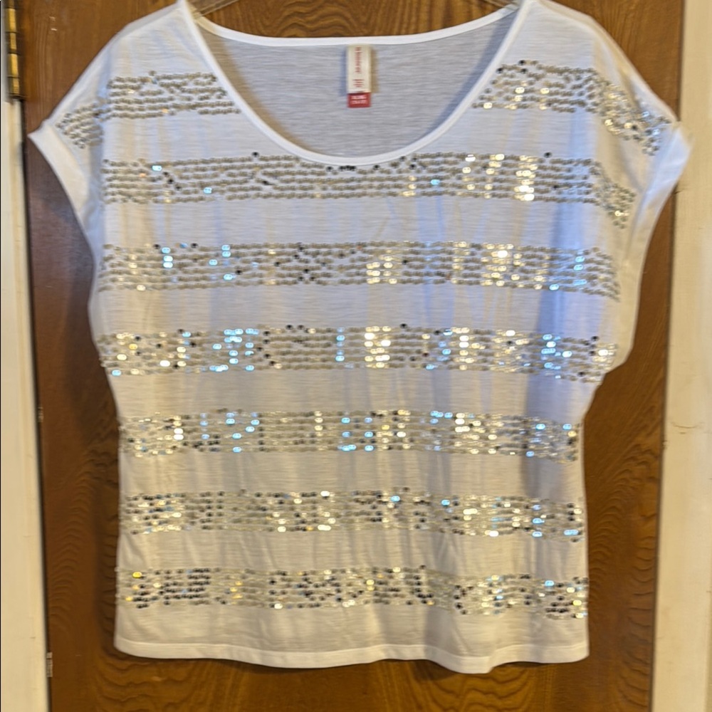 No Boundaries Silver Sequin Boxy Cap Sleeve Top